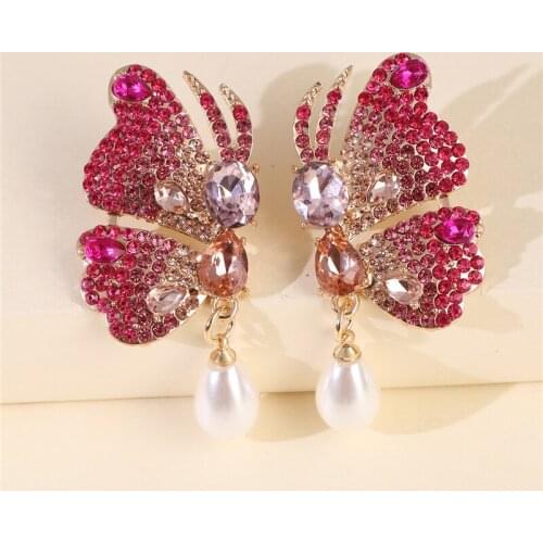 JUJIA Bohemian Wedding Earrings Women Engagement Charm Multi Color Butterfly Pink Rhinestones Boho Wholesale Dangle Earrings