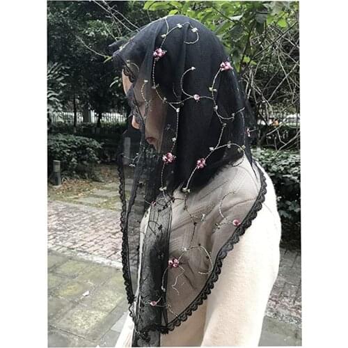 ISHSY Ivory Black Lace Orthodox Veil Head Covering Embroidered Flowers Catholic Chapel Mantilla veil Mantilla de Novia Negra