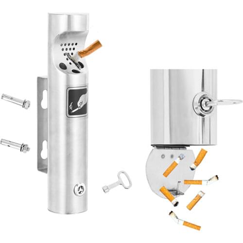 OSKYER Stainless Steel 304 Cylinder Wall Mounted Ashtray Lockable 18-8 Outdoor Big Capacity Public Cigarette Ash Bin Smokeless