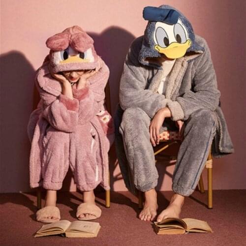 Cartoon Duck Pajamas Couple Hat Women Flannel Sleepwear Mens Home Service Suits Autumn and Winter Thickened Hooded Nightgown