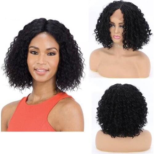 Hywamply 12" Short Bob Front Lace Wigs Synthetic Hair Kinky Curly Lace Front Wigs Black Color Middle Part Natural Wigs