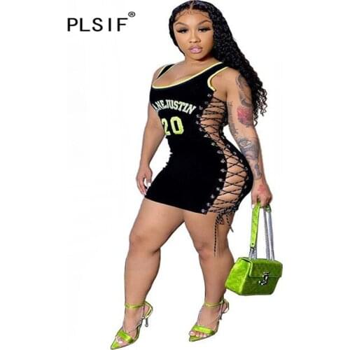 Club hot sexy hollow out design black tight short dress for lady summer sexy sleeveless letters spliced vest mini dress