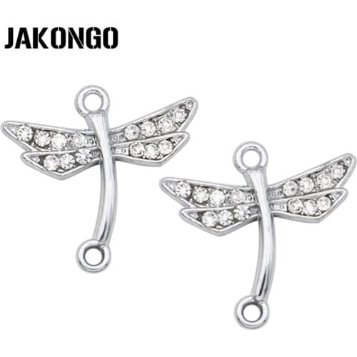 JAKONGO Sliver Plated Crystal Dragonfly Charm Connectors fit Jewelry Making Bracelet Findings Accessories DIY 21x20mm