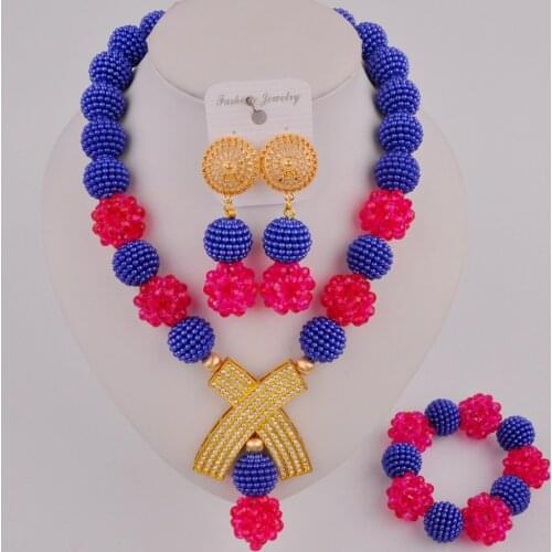 Royal Blue and Fuchsia Pink Nigerian Wedding African Beads Jewelry Set Women Costume Necklace SP-2-10