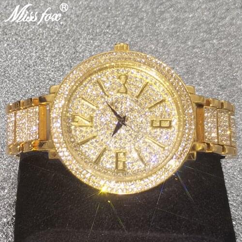 MISSFOX Man Watches Large Dial Big Numbers Full Diamond Gold Wealth Luxury WristWatch Bling Super Shining Gentleman Quartz Clock