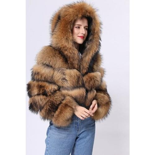 Winter Fur Outwear Cropped Sexy Fluffy Natural Raccoon fur Hooded Coat MJF-FC-25