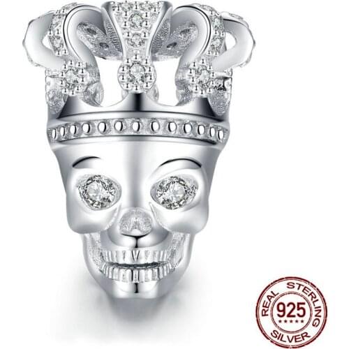 Fit Pandora charm bracelet skull with crown clear CZ beads 925 sterling silver necklace pendant jewelry Halloween gift