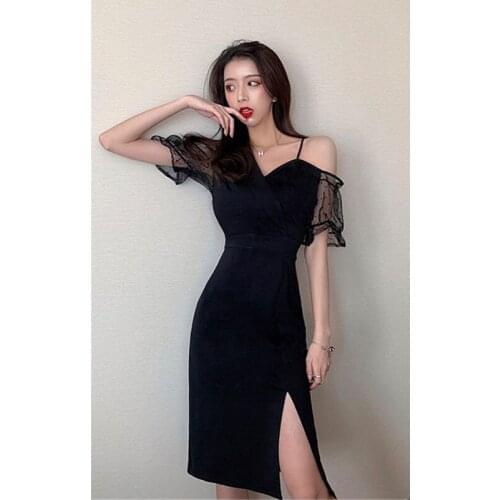 Real shot 2020 new summer fashion temperament Slim sexy vestidos V-neck split fork elegant party dress
