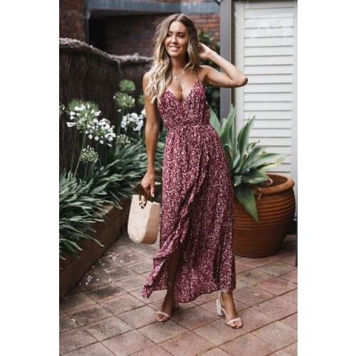 Boho Floral Print Ruffles Women Dress 2019 Summer Sexy Spliet V Neck Sleeveless Chiffon Long Dresses Beach Vacation Sundress