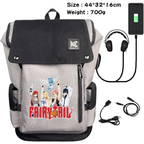 Anime FAIRY TAIL Casual USB Charging Backpack Cartoon Headphone Teenager Laptop Bag Travel Canvas Zip Student Schoolbag