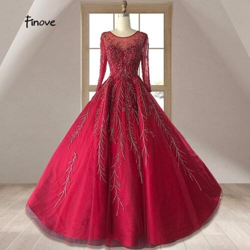 Finove Wine Red Luxury Wedding Dresses 2021 O-Neck Long Sleeve Crystals Beading Ball Gowns Evening Dresses