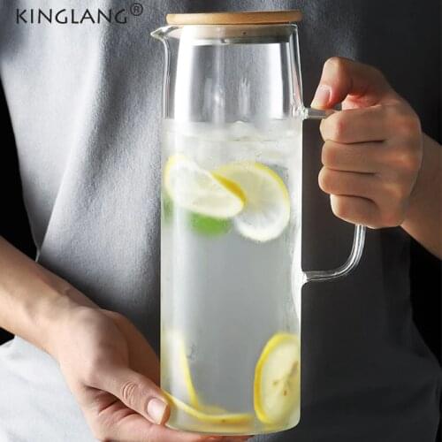 KINGLANG Large Capacity Glass Cold Water Pot With Wooden Cover Fruit Tea Cold Drinking Bottle Pot Glass Cup Set