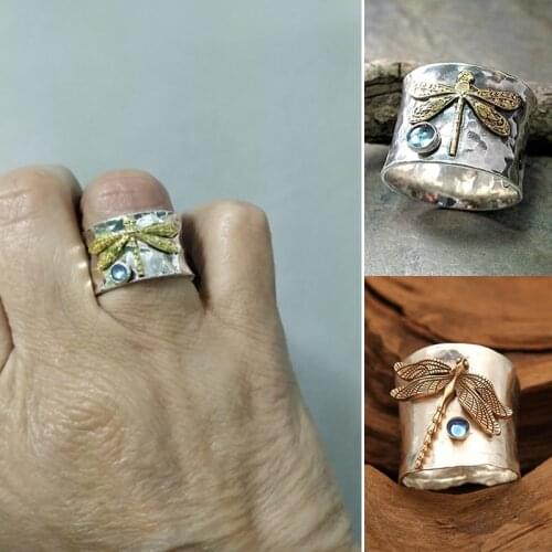 Retro Silver Plated Dragonfly Wide Ring for Men Fashion Vintage Punk Gothic Party Jewelry Gift Women Boho Style Blue Stone Rings