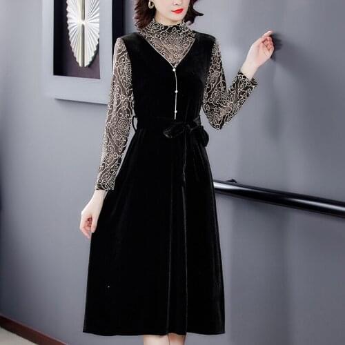 High Quality Gold Wire Black Velvet Midi Dress Spring Autumn Women Elegant Bodycon Party Vestidos 4XL Plus Size Vintage Dresses