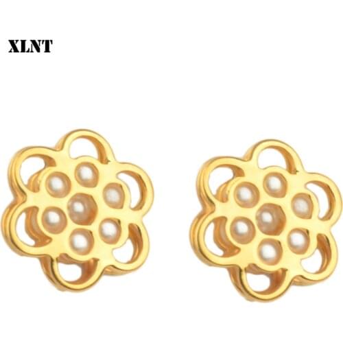 XLNT Luxury Stud Earrings for Women Fashion Imitation Pearl Snow Flower Bridal Girl Stainless Steel Jewelry