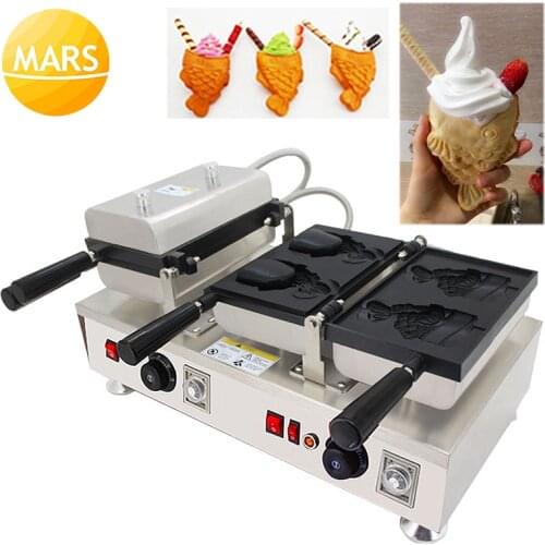 Japanese Taiyaki Ice Cream Waffle Makers 220v 110v Open Mouth Taiyaki Fish-shape Waffle Cone Machines Iron Pan In Food Machinery