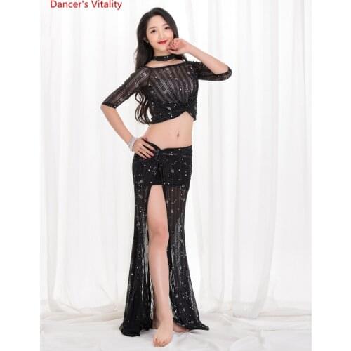 Women belly dance clothes sexy half sleeves top and split skirt 2pcs belly dancing suit stars bling bling Oriental Dance set