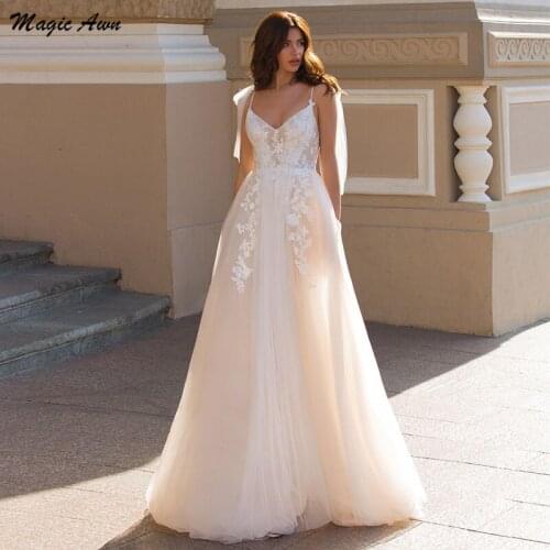 Magic Awn Chic Champagne Boho Wedding Dresses Lace Appliques Princess A-Line Beach Mariage Gowns With Train Vestido De Novia