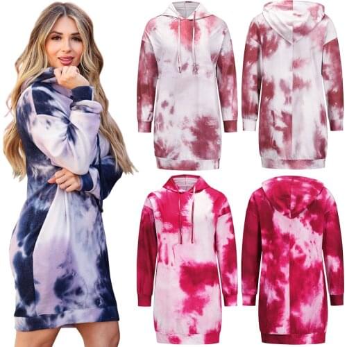 Autumn Women Dress Tie Dye Color Print Full Sleeve Hooded Loose Casual Style OL Female Vestido Femme Knitted Chic Dresses C2981