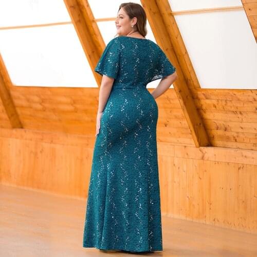 Plus Size Teal Evening Dresses Ever Pretty Mermaid Deep V-Neck Ruffles Sleeve Elegant Floral Lace Evening Gowns Robe De Soiree