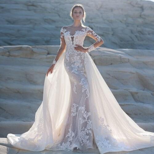 Long Sleeve Mermaid Wedding Dress Boho With Removable Train Robe De Mariee Sirene Appliques Lace Trumpet Gown China