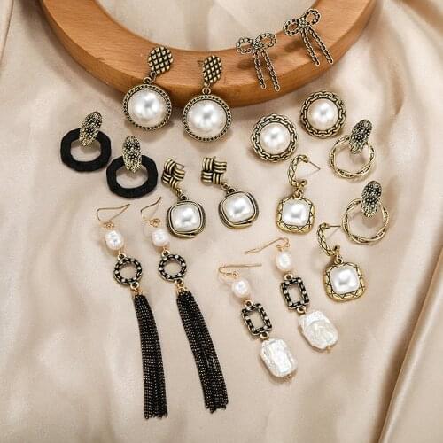 2021 Trendy Matte Vintage Gold Earrings for Women Pearl Metal Round Geometric Drop Big Statement Earrings Fashion Party Jewelry