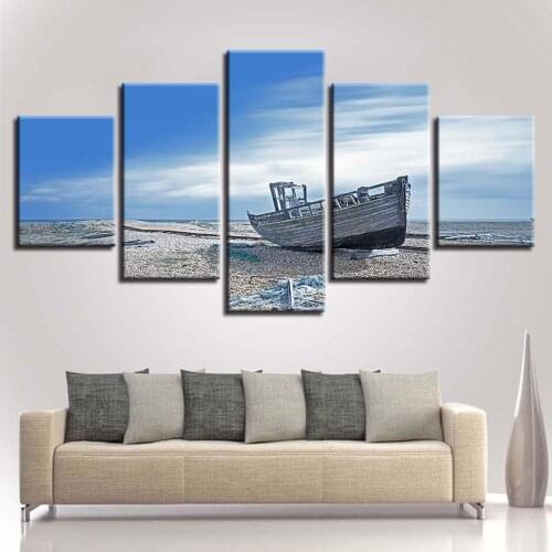 5 Pieces Blue Sky Beach Waste Ship Pictures HD Prints Seascape PosterCanvas Paintings Living Room Decor Modular Wall Art
