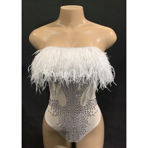Sexy White Feather Bust Rhinestones Bodysuit Female Singer Stage Show Wear Birthday Celebrate Stones Outfit DS DJ Bodysuit