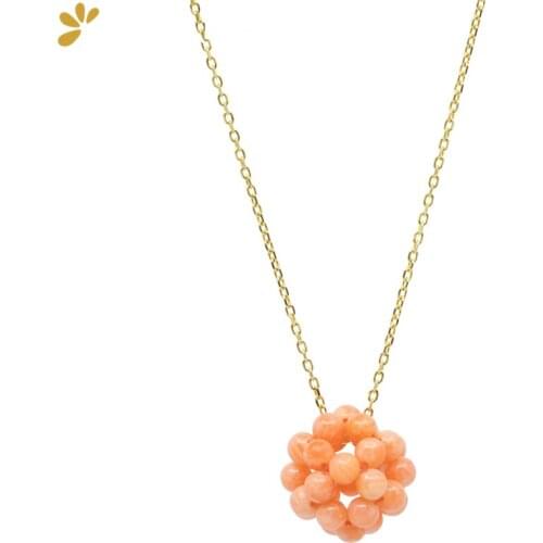 GEEZENCA S925 Silver Gold Plated Natural Coral Ball Pendant Necklace For Women Chic Design Trend Chokers Necklaces Party Gift