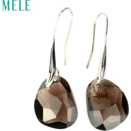 Hotsale! Natural smoky quarts and white crystal silver earring, 13mm*17mm shape, nice cutting, pure and clean, popular style