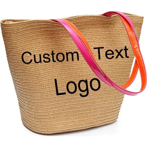 Personalized Custom Embroidery Logo Text Name Shopping Bag Beige Women Beach Bag Woven Straw Bag Handbag Summer Shoulder Bag