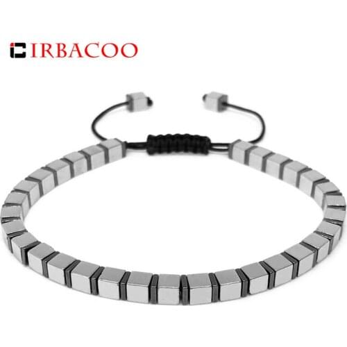 IRBACOO 2020 Fashion Men Bracelet 4mm Square Hematite Beads Macrame Bracelet For Men Jewelry Gift