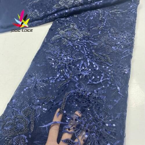 Lace Fabric Beads Embroided Sequins Navy Blue Mesh Bridal Sequence Embroidery Elegant French Nigerian Latest Design High End