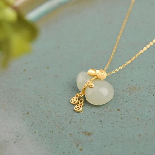 [Lucky Fortune] Hetian Jade White Jade Pendant Necklace Lotus Calabash Pendent Clavicle Chain S925 Sterling Silver for Women