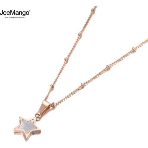 JeeMango Trendy Office Style White Shell Star Choker Necklaces For Girls Rose Gold Titanium Steel Chain Pendant Necklace JN19128