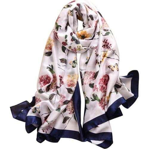 Soft 100% Pure Silk Scarf Luxury Brand Women Autumn Polka Floral Hijab Foulards Femme Summer Bohemian Long Bandana Bufanda Mujer