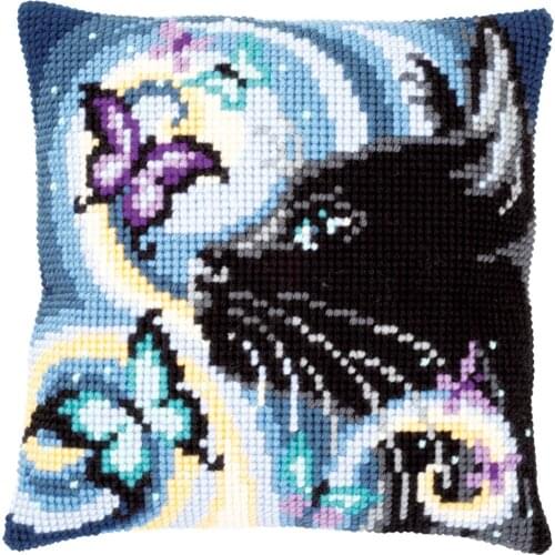 DIY Cross Stitch Cushion Cat With Butterflies Needlepoint Kits Printed Canvas Chunky Yarn Cross-stitch Pillow Case Arts & Crafts