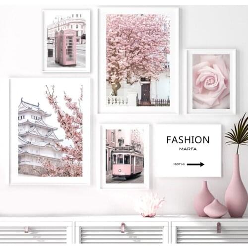 Telephone Booth Bus Rose Japanese Sakura Wall Art Canvas Painting Nordic Posters And Prints Wall Pictures For Living Room Decor