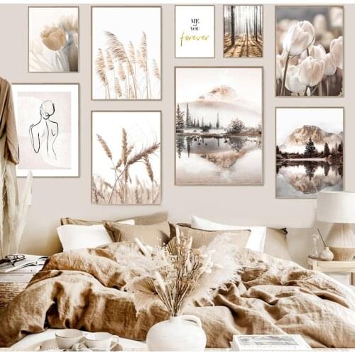 Nordic Beige Scenery Poster Wall Art Canvas Painting Flower Landscape Line Art Figure Print Home Decor Dormitory Design Picture