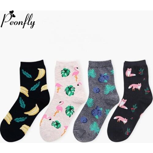 PEONFLY happy funny women Socks Cartoon Hit Color Personality Lovers Tide Cotton animal Flamingo Blueberry banana foxes Socks