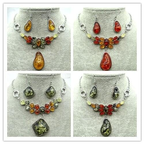 Wholesale Natural Precious Modernist Water drop TEARDROP GOLDEN HONEY PRESSED AMBERS Jewelry making earring necklace 1Suit Q12