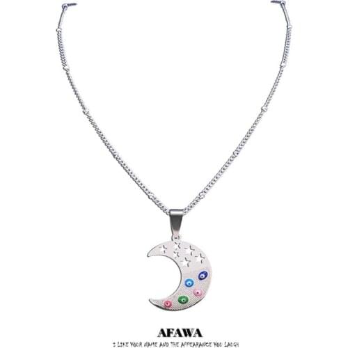 Stainless Steel Colorful Turkey Eyes Moon Star Necklace Women Silver Color Islam Chain Necklace Jewelry ojo turco N5202S01