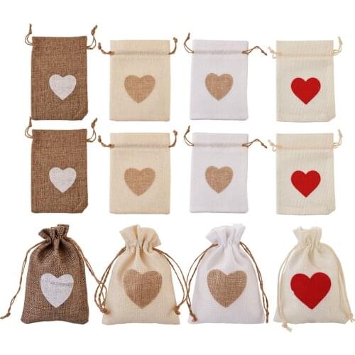 Pandahall 24pcs Burlap Bags Drawstring Packing Pouches with Heart Pattern Gift Jewelry Packaging Bag Party Favor Small Candy Bag