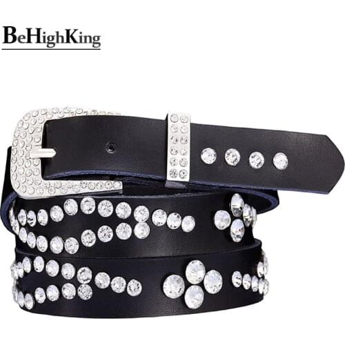Fashion Genuine leather rhinestone belts women Quality shining silver Pin Buckle belt female Narrow jeans girdle width 2.3 CM