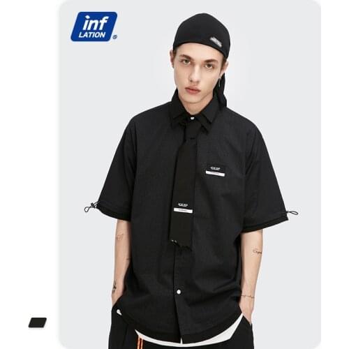 INFLATION Harajuku Stripe Shirts With Tie Men Summer Fashion Short Sleeve Shirt Male Oversized Hip Hop Shirts 2252S21