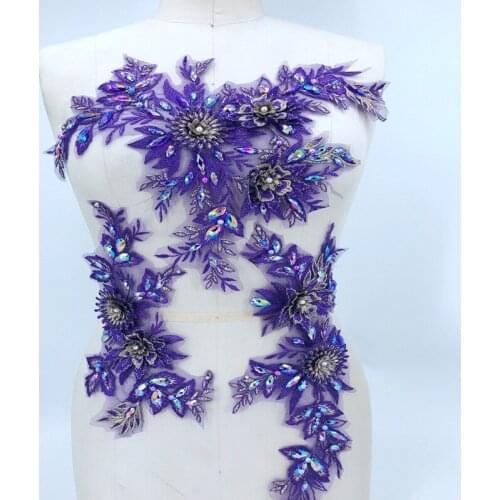 Handmade purple Hot drilling Rhinestone lace embroidery patch applique wedding dress bordados DIY Performance clothing