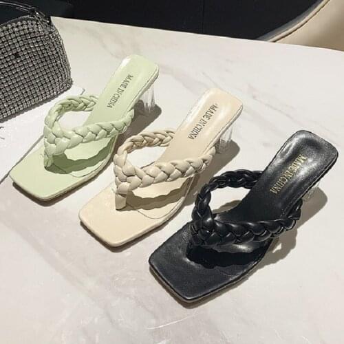 2021 Summer High Heels Sandals Women Fashion Flip Flops Slip-On Elegant White Blue Slippers Ladies Square Heels Slippers Outdoor