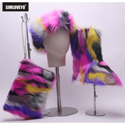 SIMLOVEYO Furry Boots Winter Shoes Women Snow Boots With Bag Headband 2021 New Luxury Fur Winter Boots For Women High Boot Fur
