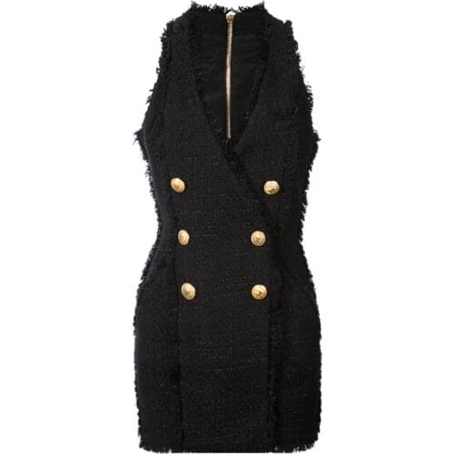 EXCELLENT QUALITY 2020 Stylish Dress for Women V-neck 6 Buttons Double Breasted Tweed Tank Dress