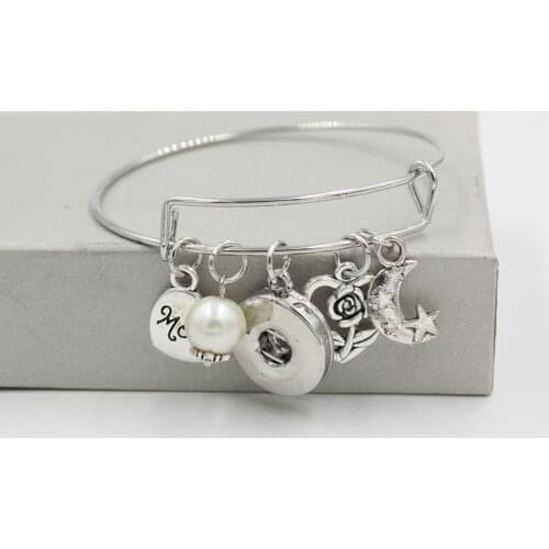 Interchangeable Snap Jewelry Liobonar Snap Buttons Charms Expandable Wire Bangle Rose Moon MOM Bracelets For Mothers Day Gifts